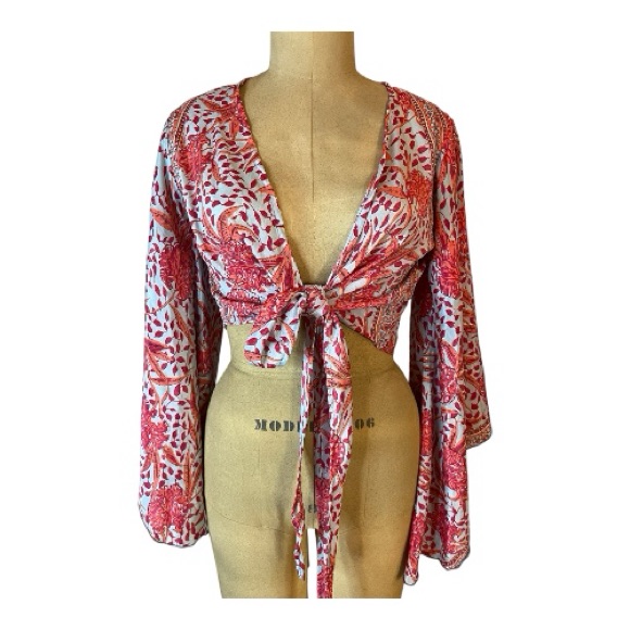 Moksha Ibiza Silk Tie-Front Crop Blouse W/ Leaf Print & Kimono Sleeves